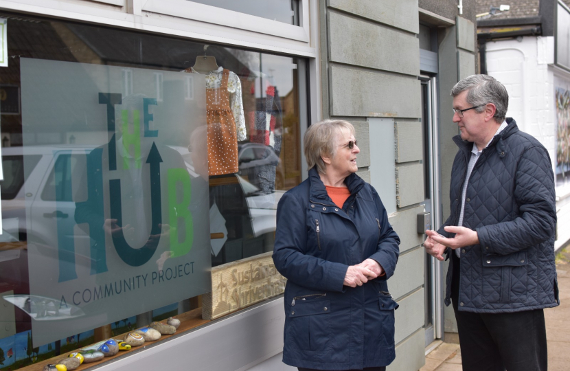 Cllr Simon Howell and Cllr Elaine Ware outside the Sustainability Community Hub in Shrivenham.