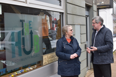 Cllr Simon Howell and Cllr Elaine Ware outside the Sustainability Community Hub in Shrivenham.